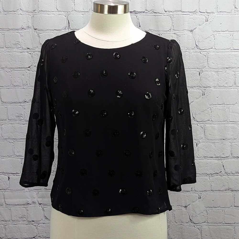 Talbots Size Petite P Black Sequined Dot Chiffon  3/4 Sleeves Lined